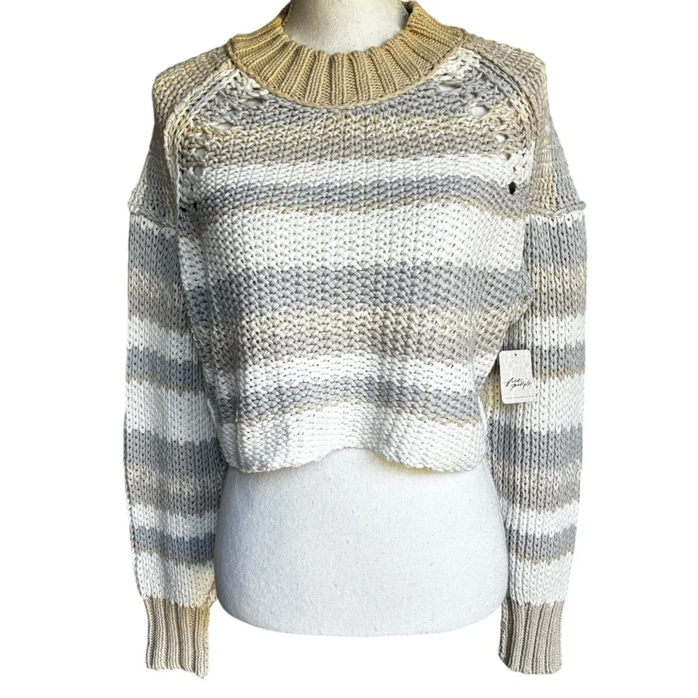 Free People Devon Cropped Sweater Gravity Combo Gray Cream Striped XS